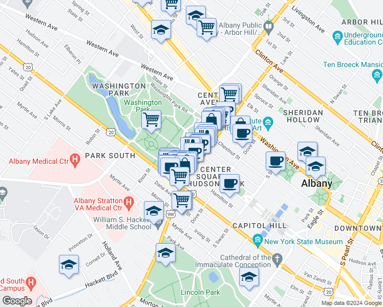 map of restaurants, bars, coffee shops, grocery stores, and more near in Albany