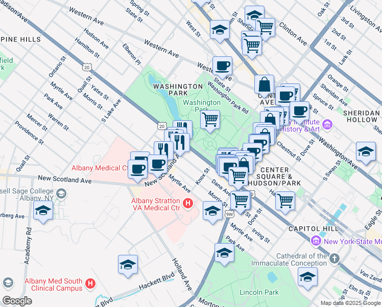 map of restaurants, bars, coffee shops, grocery stores, and more near in Albany