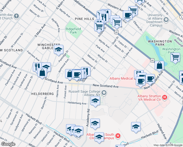 map of restaurants, bars, coffee shops, grocery stores, and more near 46 Woodlawn Avenue in Albany