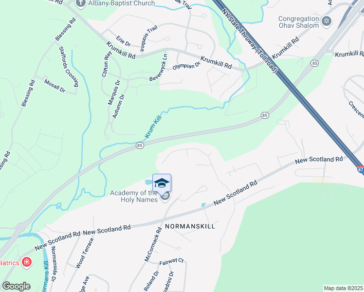 map of restaurants, bars, coffee shops, grocery stores, and more near 57 Woodside Drive in Albany