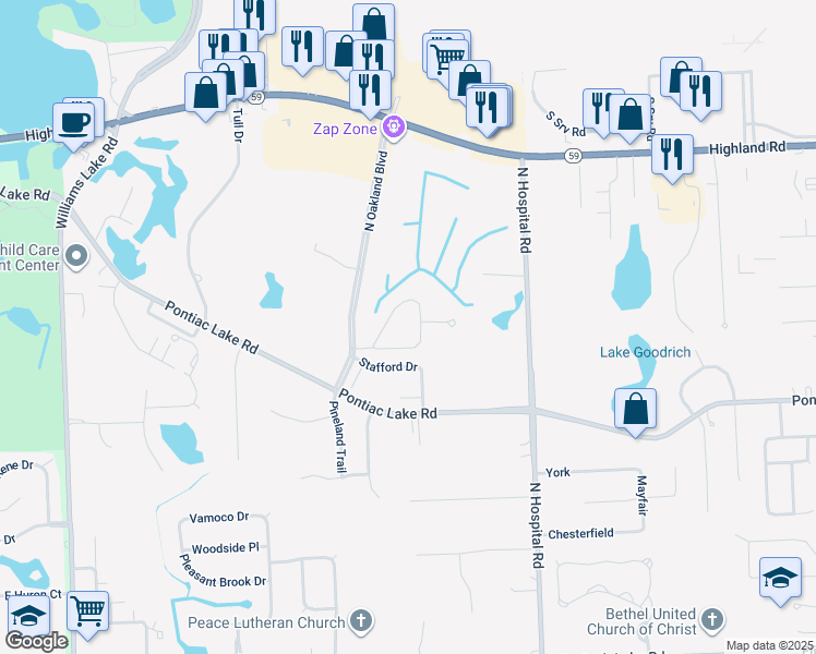 map of restaurants, bars, coffee shops, grocery stores, and more near 7280 Arbor Trail in Waterford Township