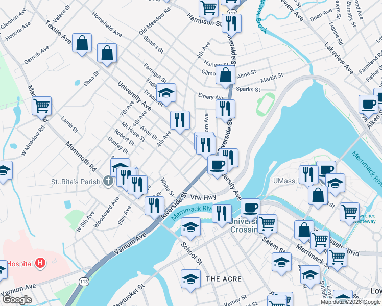 map of restaurants, bars, coffee shops, grocery stores, and more near 7 Crawford Street in Lowell