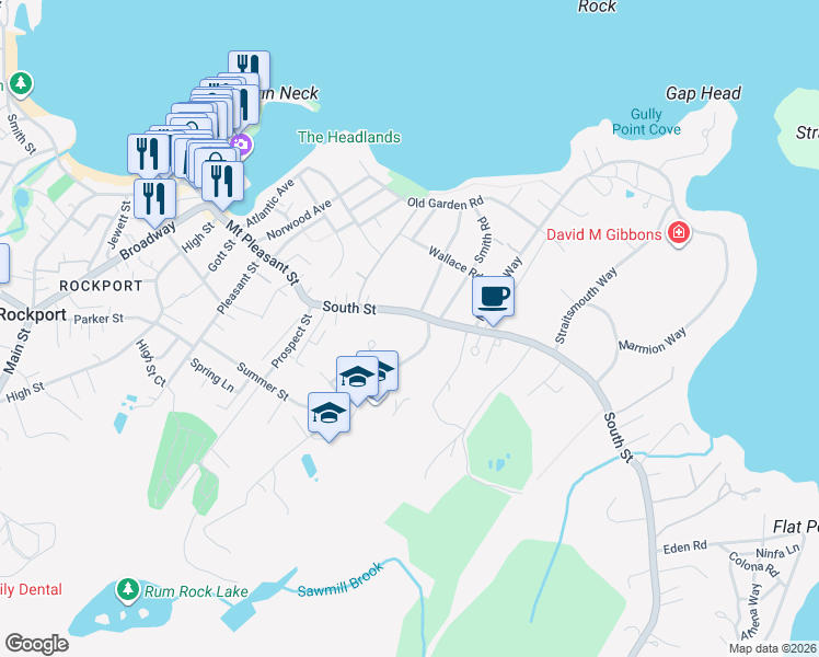 map of restaurants, bars, coffee shops, grocery stores, and more near 1 Jerdens Lane in Rockport