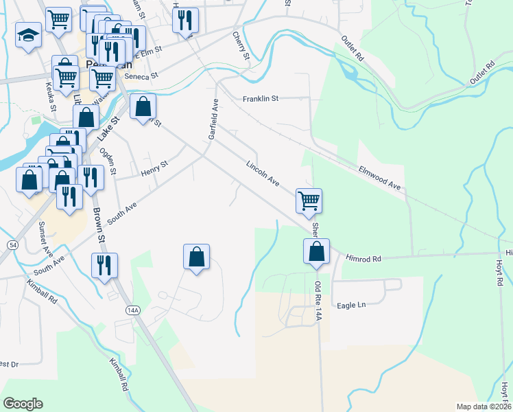 map of restaurants, bars, coffee shops, grocery stores, and more near 241 East Main Street in Penn Yan