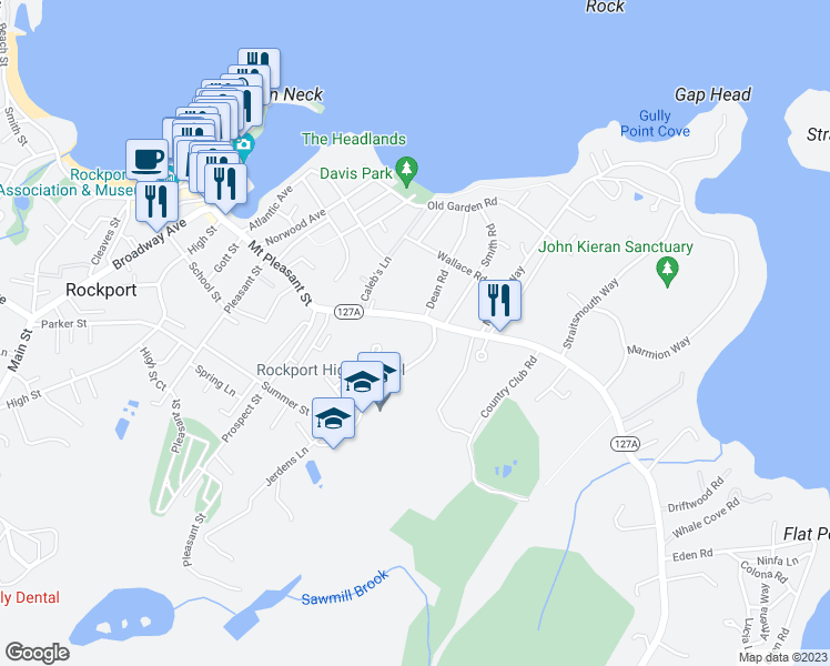 map of restaurants, bars, coffee shops, grocery stores, and more near 1 Jerdens Lane in Rockport