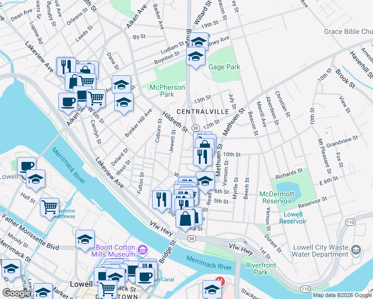 map of restaurants, bars, coffee shops, grocery stores, and more near 41 Hampshire Street in Lowell