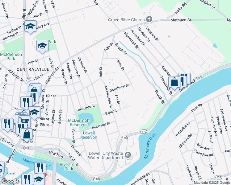 map of restaurants, bars, coffee shops, grocery stores, and more near 181 Fox Street in Lowell