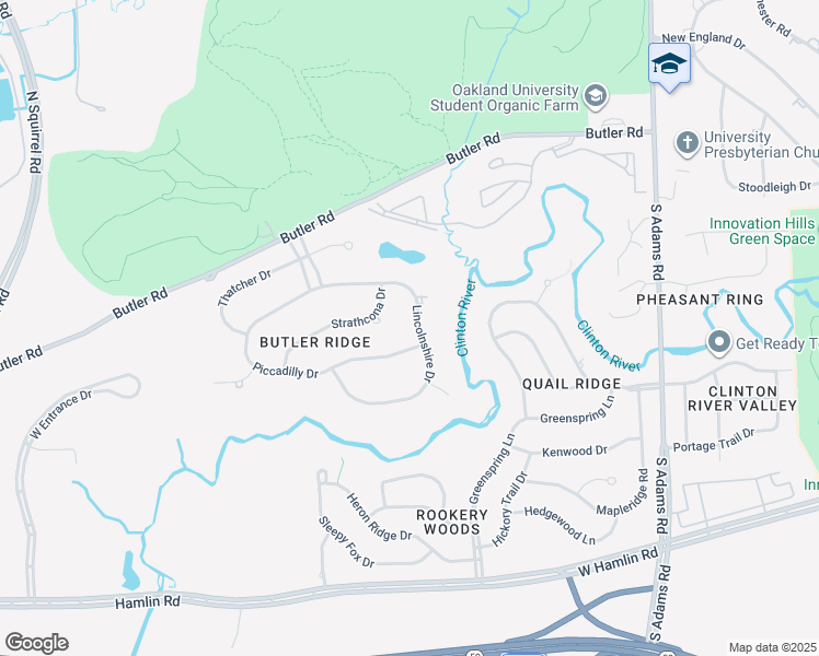 map of restaurants, bars, coffee shops, grocery stores, and more near 1771 Lincolnshire Drive in Rochester Hills