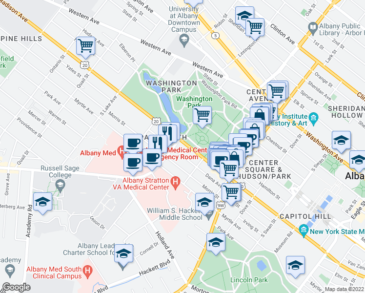 map of restaurants, bars, coffee shops, grocery stores, and more near 546 Madison Avenue in Albany