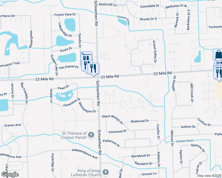 map of restaurants, bars, coffee shops, grocery stores, and more near 48843 Tilford Court in Shelby Township
