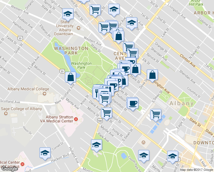 map of restaurants, bars, coffee shops, grocery stores, and more near 374 Hudson Avenue in Albany
