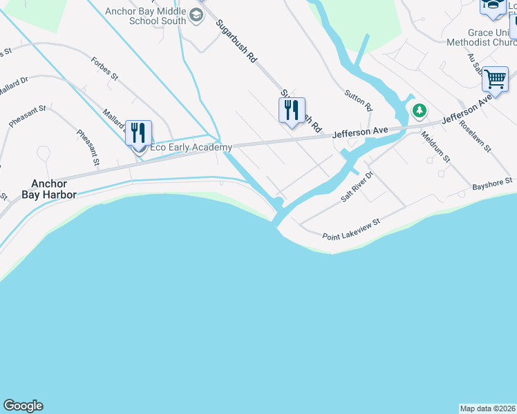 map of restaurants, bars, coffee shops, grocery stores, and more near 48666 Harbor Drive in New Baltimore