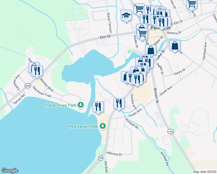map of restaurants, bars, coffee shops, grocery stores, and more near 15 Waddell Avenue in Penn Yan