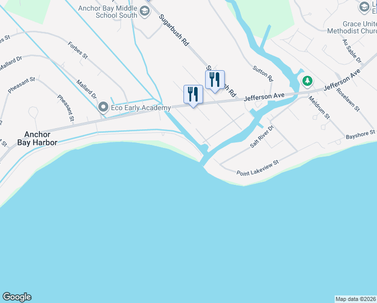 map of restaurants, bars, coffee shops, grocery stores, and more near 48666 Harbor Drive in New Baltimore