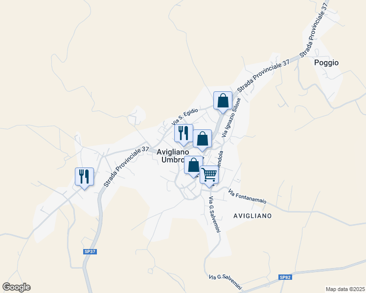 map of restaurants, bars, coffee shops, grocery stores, and more near Strada Provinciale 37 in Avigliano Umbro