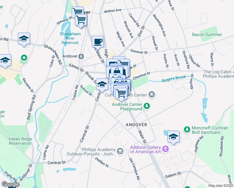 map of restaurants, bars, coffee shops, grocery stores, and more near 93 Main Street in Andover