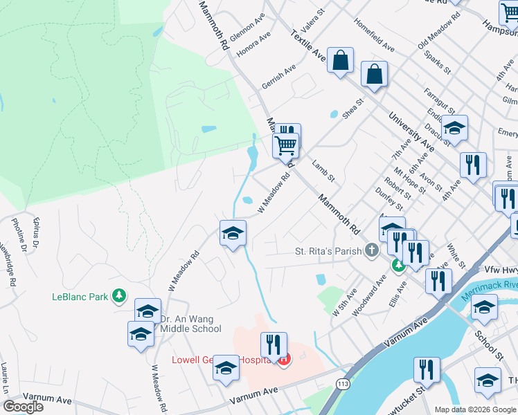 map of restaurants, bars, coffee shops, grocery stores, and more near 96 West Meadow Road in Lowell