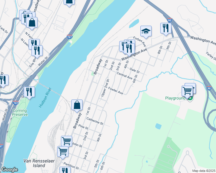map of restaurants, bars, coffee shops, grocery stores, and more near 1497 3rd Street in Rensselaer