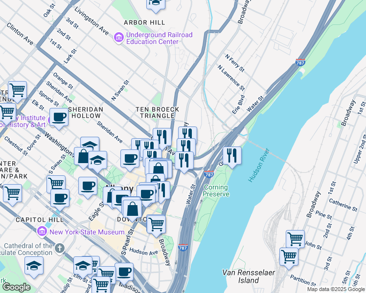 map of restaurants, bars, coffee shops, grocery stores, and more near 21 Quackenbush Square in Albany