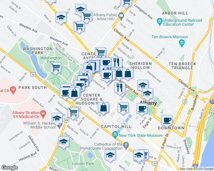 map of restaurants, bars, coffee shops, grocery stores, and more near in Albany