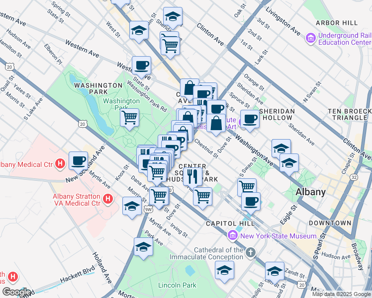 map of restaurants, bars, coffee shops, grocery stores, and more near 222 Jay Street in Albany