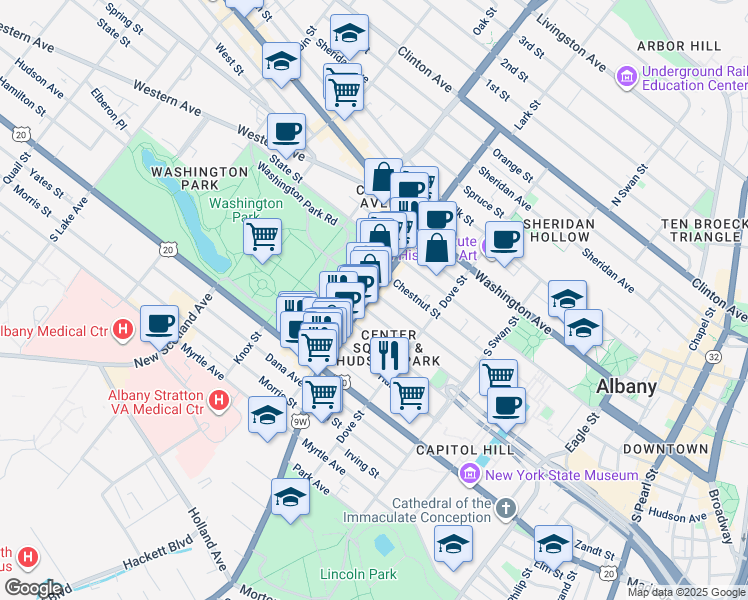 map of restaurants, bars, coffee shops, grocery stores, and more near 222 Jay Street in Albany
