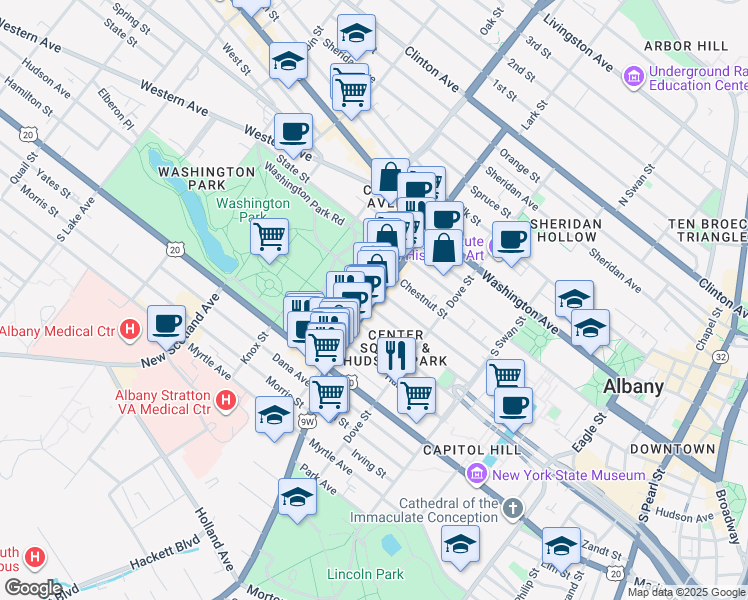 map of restaurants, bars, coffee shops, grocery stores, and more near 222 Jay Street in Albany