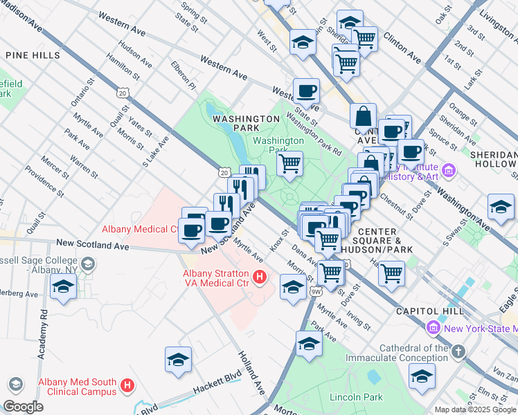 map of restaurants, bars, coffee shops, grocery stores, and more near in Albany