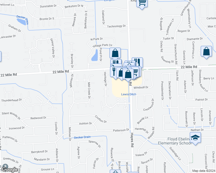 map of restaurants, bars, coffee shops, grocery stores, and more near 14902 Dover Court in Shelby Township