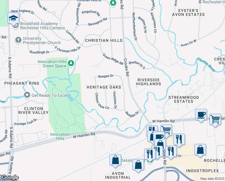map of restaurants, bars, coffee shops, grocery stores, and more near 1951 Hutchins Drive in Rochester Hills