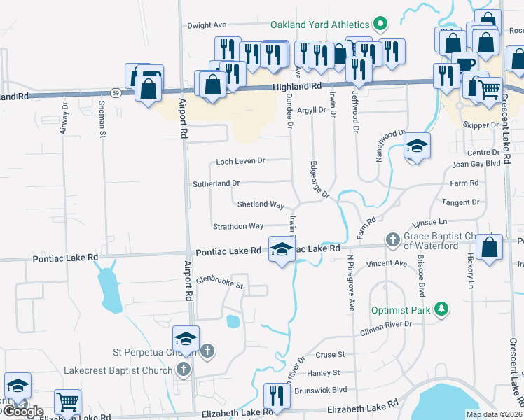 map of restaurants, bars, coffee shops, grocery stores, and more near 5800 Strathdon Way in Waterford Township