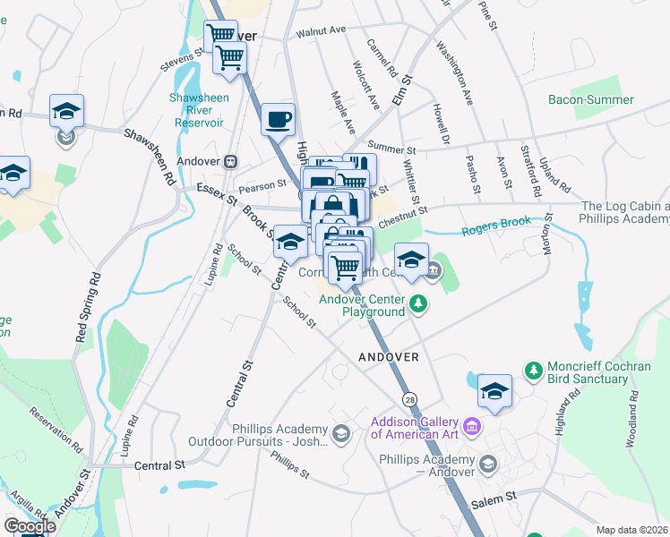 map of restaurants, bars, coffee shops, grocery stores, and more near 93 Main Street in Andover