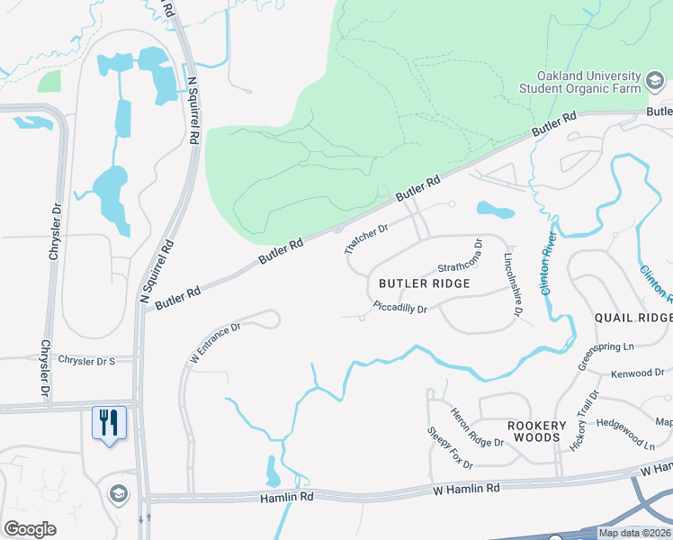 map of restaurants, bars, coffee shops, grocery stores, and more near 1075 West Entrance Drive in Auburn Hills