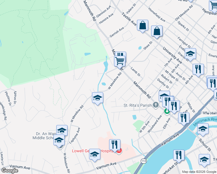 map of restaurants, bars, coffee shops, grocery stores, and more near 89 West Meadow Road in Lowell