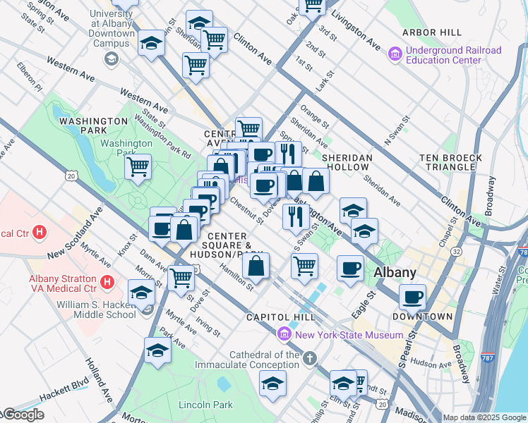 map of restaurants, bars, coffee shops, grocery stores, and more near 298 State Street in Albany