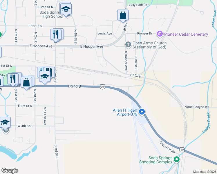 map of restaurants, bars, coffee shops, grocery stores, and more near 2800 U.S. 30 Scenic in Soda Springs
