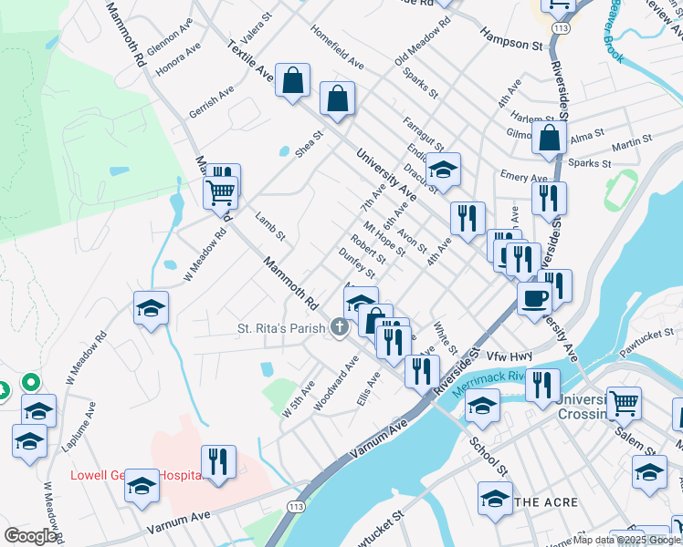map of restaurants, bars, coffee shops, grocery stores, and more near 102 Mount Grove Street in Lowell