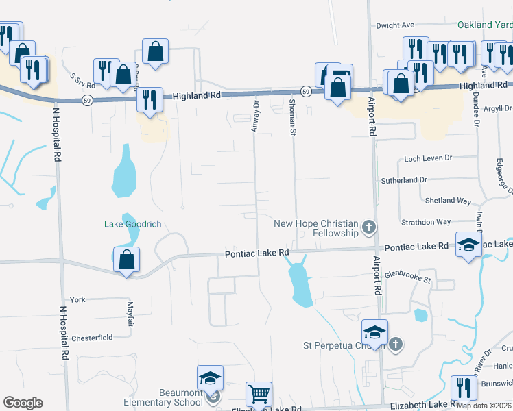 map of restaurants, bars, coffee shops, grocery stores, and more near 1123 Airway in Waterford Township