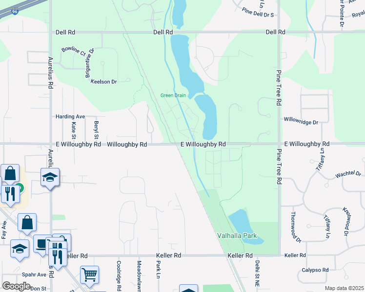 map of restaurants, bars, coffee shops, grocery stores, and more near 4215 East Willoughby Road in Delhi charter Township