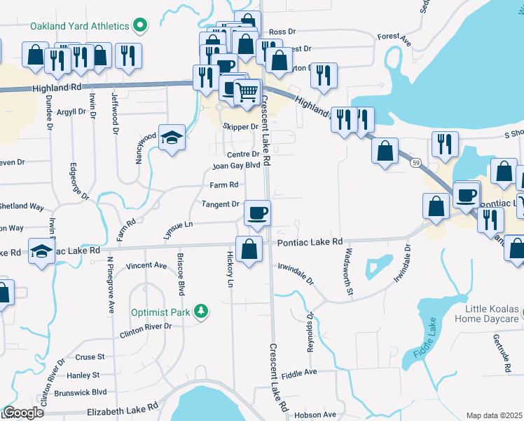 map of restaurants, bars, coffee shops, grocery stores, and more near 1095 Crescent Lake Road in Waterford charter Township