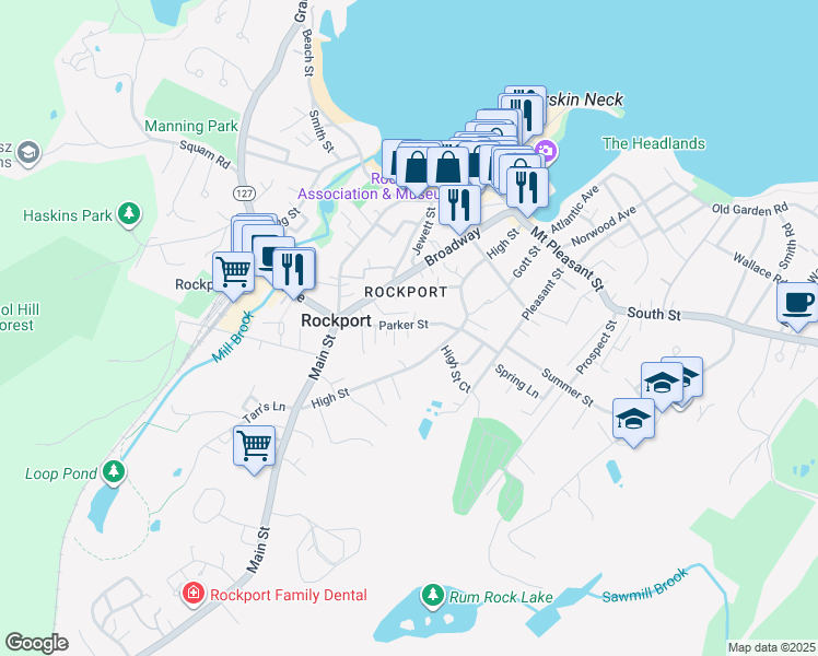 map of restaurants, bars, coffee shops, grocery stores, and more near 56 High Street in Rockport