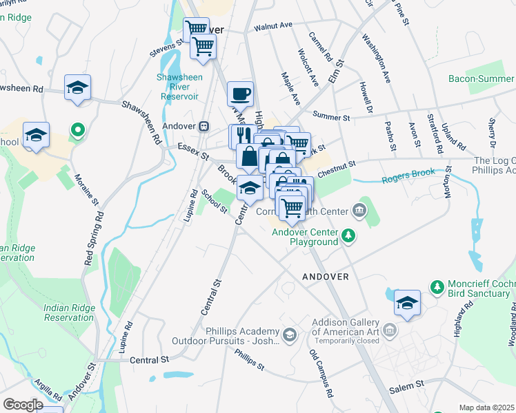 map of restaurants, bars, coffee shops, grocery stores, and more near 36 Central Street in Andover