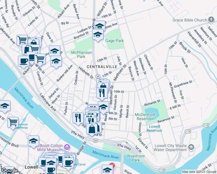 map of restaurants, bars, coffee shops, grocery stores, and more near 56 Methuen Street in Lowell