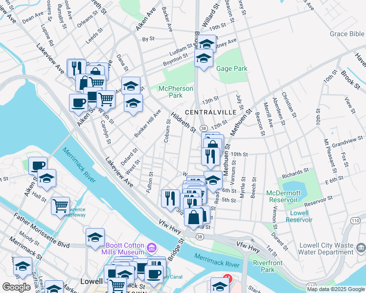 map of restaurants, bars, coffee shops, grocery stores, and more near 41 Hampshire Street in Lowell