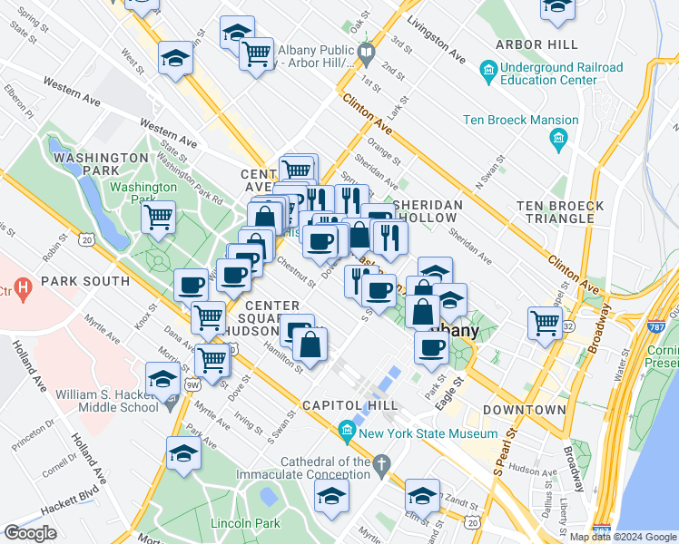 map of restaurants, bars, coffee shops, grocery stores, and more near 259 State Street in Albany