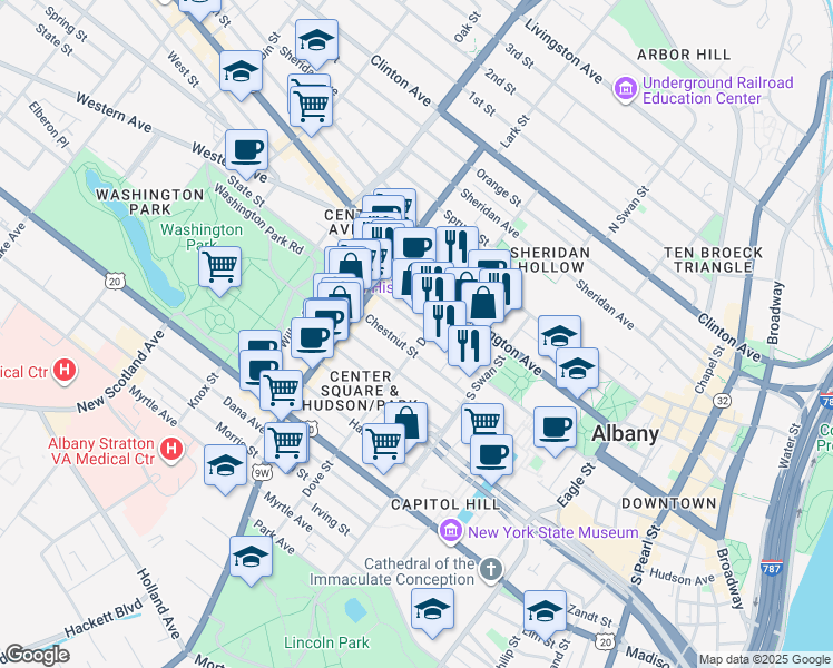 map of restaurants, bars, coffee shops, grocery stores, and more near 298 State Street in Albany