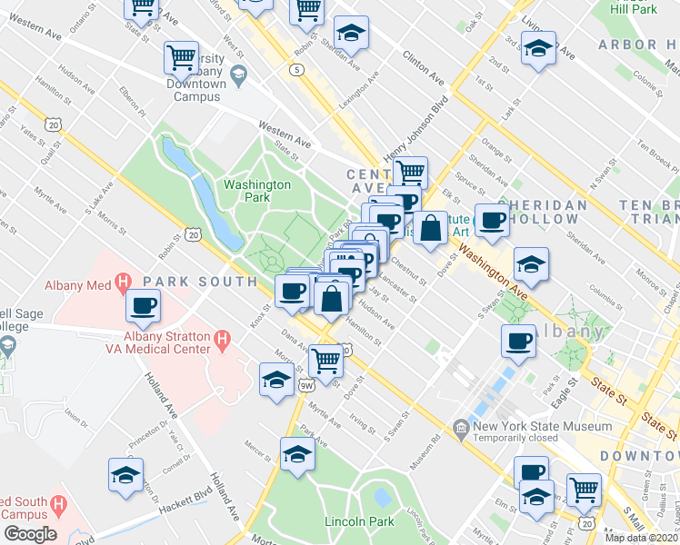 map of restaurants, bars, coffee shops, grocery stores, and more near in Albany