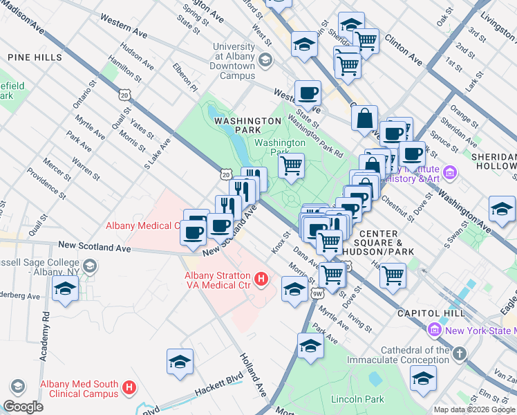 map of restaurants, bars, coffee shops, grocery stores, and more near in Albany