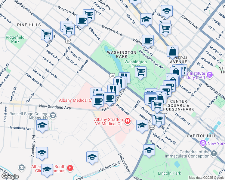 map of restaurants, bars, coffee shops, grocery stores, and more near 391 Myrtle Avenue in Albany