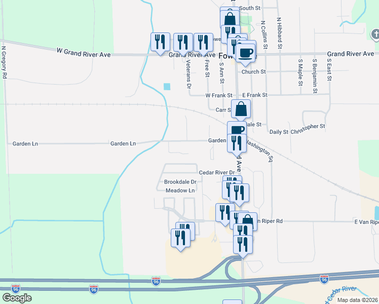 map of restaurants, bars, coffee shops, grocery stores, and more near 459 Greenbriar Lane in Fowlerville